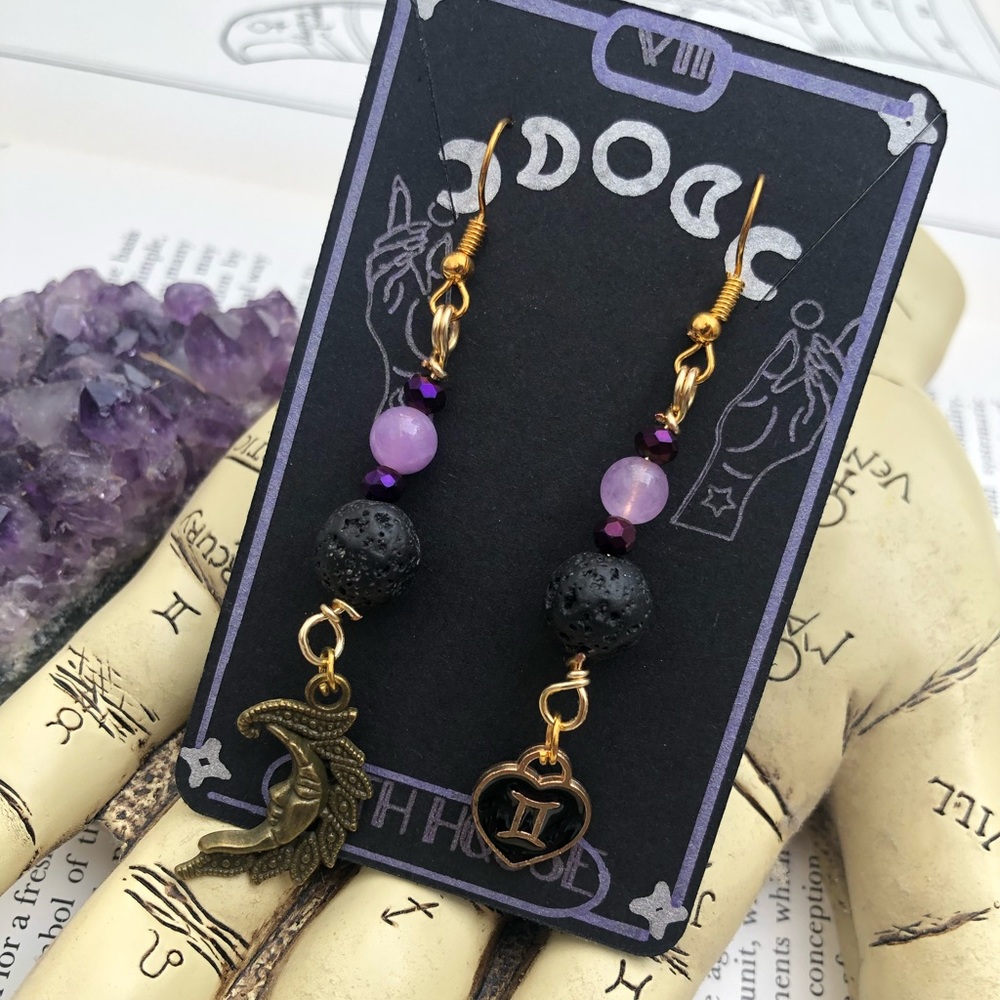 Gemini Zodiac Earrings with Lava Rock & Amethyst Gemstone Beads
